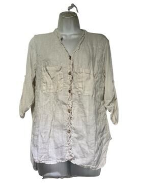 venti 6 white linen button up roll tab sleeve blouse size S